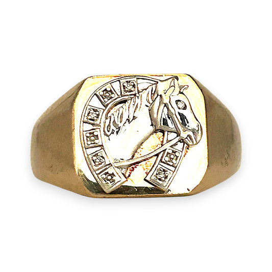 GOLD DEAL | 9ct (9K) Y/W Two Tone Gold Stallion Crest Ring Size X