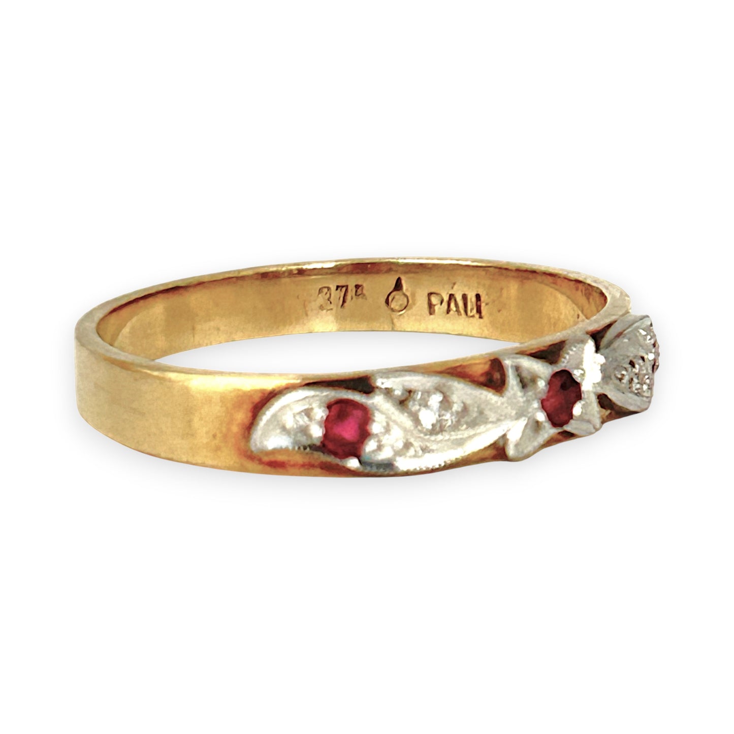 GOLD DEAL | 9ct (9K) Y/W Gold Trio Ruby Vintage Ring with Diamonds Size O