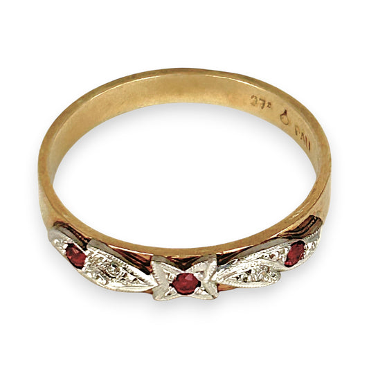 GOLD DEAL | 9ct (9K) Y/W Gold Trio Ruby Vintage Ring with Diamonds Size O