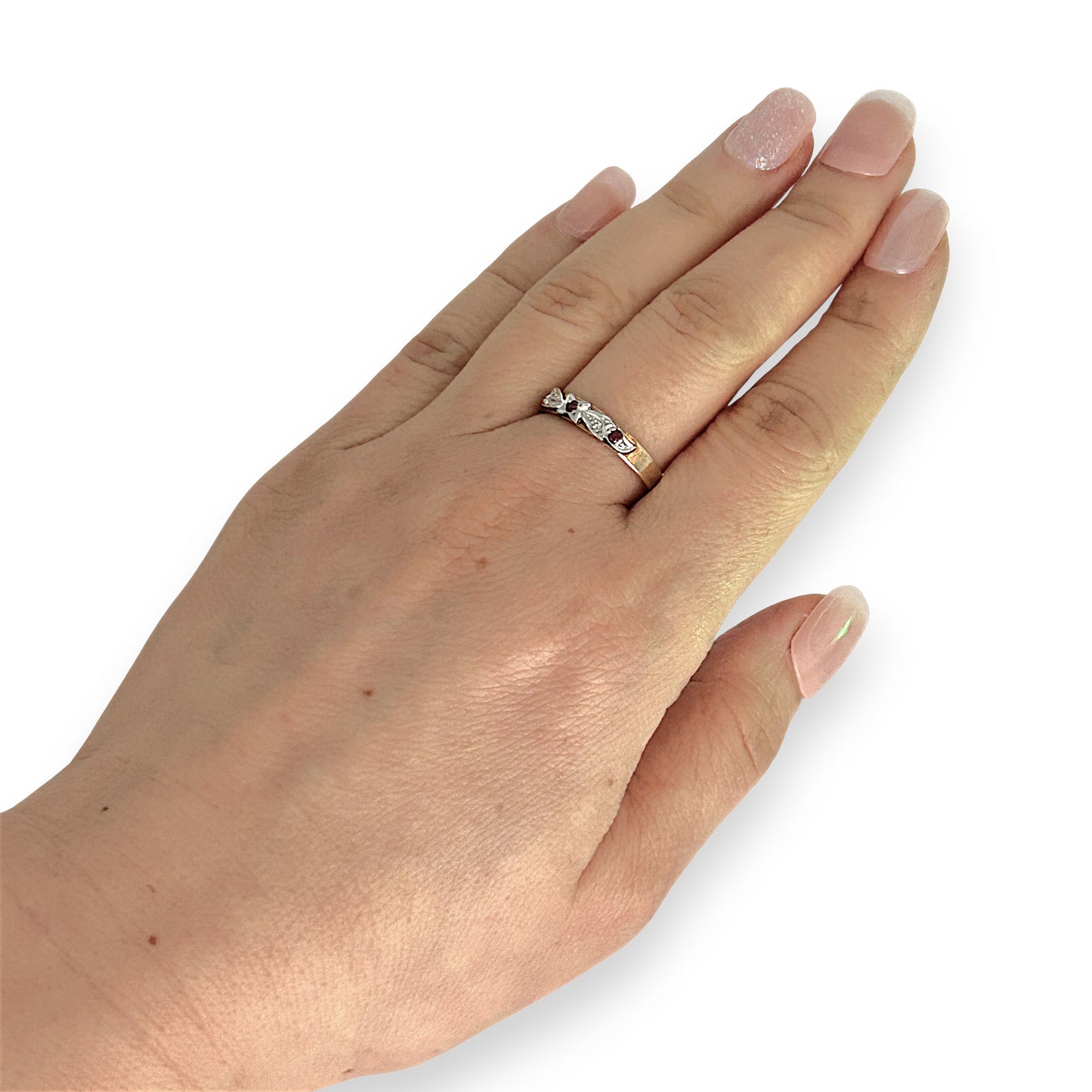 GOLD DEAL | 9ct (9K) Y/W Gold Trio Ruby Vintage Ring with Diamonds Size O