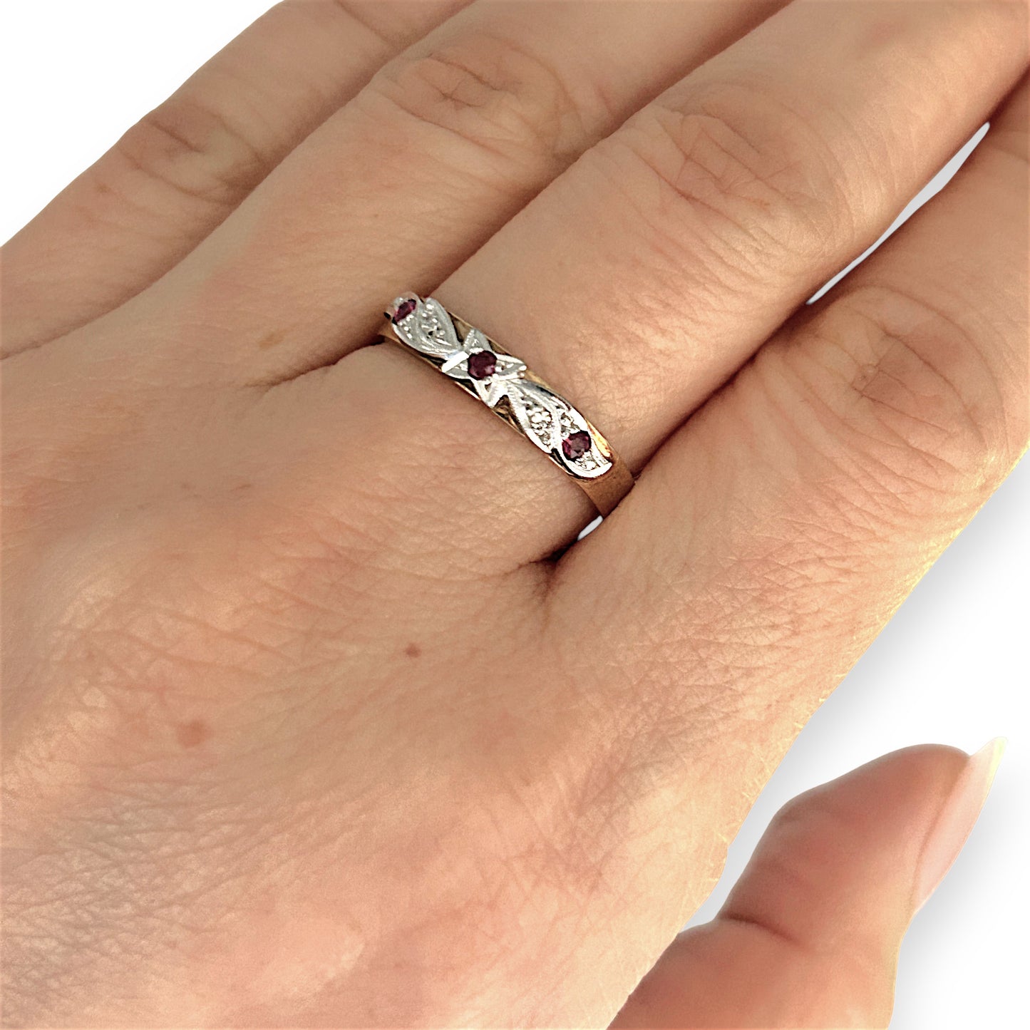 GOLD DEAL | 9ct (9K) Y/W Gold Trio Ruby Vintage Ring with Diamonds Size O