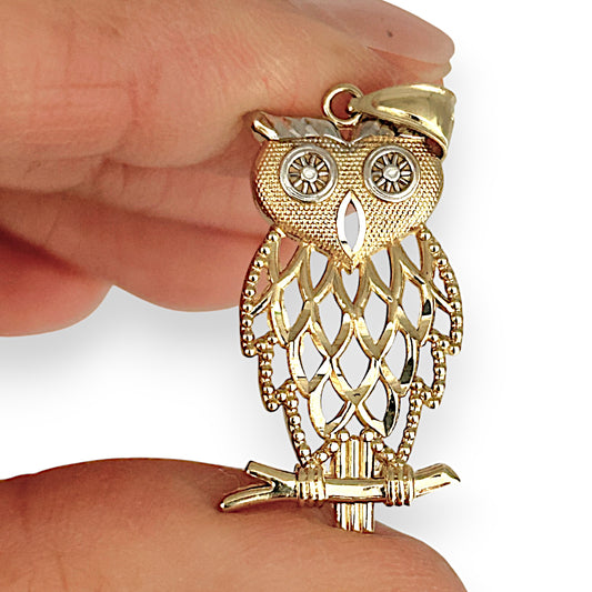 GOLD DEAL | 9ct (9K) Y/W Gold Two Tone Luna Owl Pendant