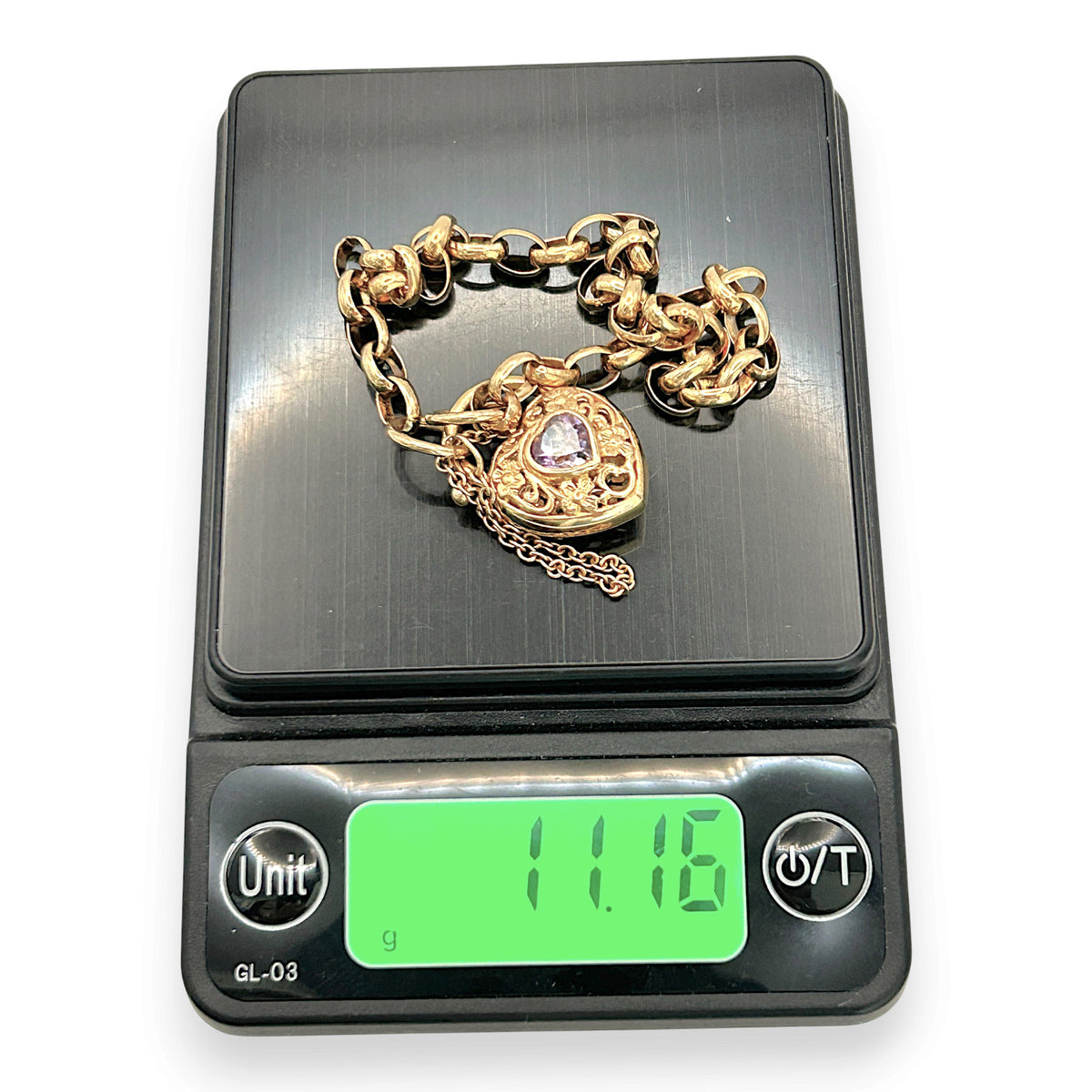 NZGD | 9ct Gold Vintage Violet Padlock Charm Bracelet 18cm