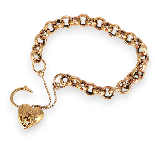 GOLD DEAL | 9ct (9K) Gold Refurbished Vintage Belcher 18cm Bracelet with Heart Padlock
