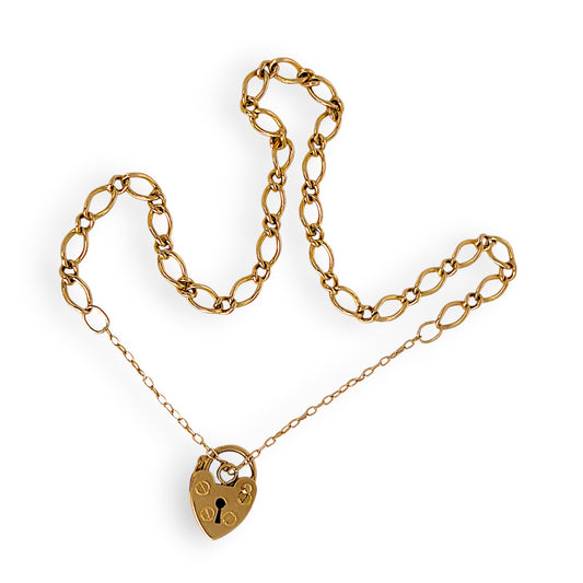 GOLD DEAL | 9ct (9K) Gold 1x1 Figaro Link Bracelet with Heart Padlock Length 20cm