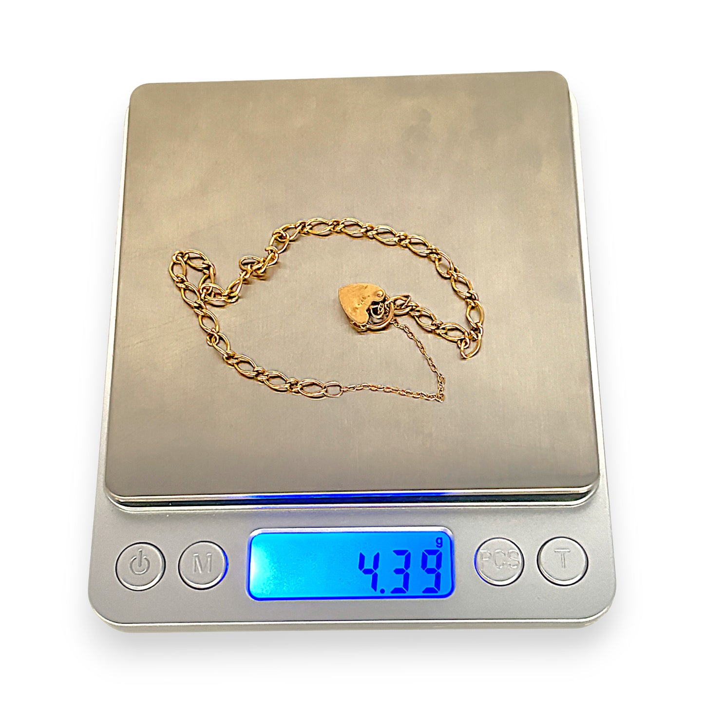 GOLD DEAL | 9ct (9K) Gold 1x1 Figaro Link Bracelet with Heart Padlock Length 20cm