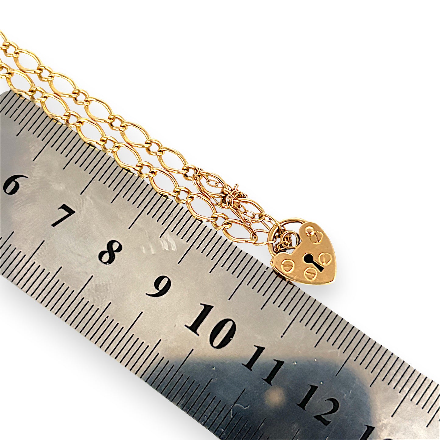 GOLD DEAL | 9ct (9K) Gold 1x1 Figaro Link Bracelet with Heart Padlock Length 20cm