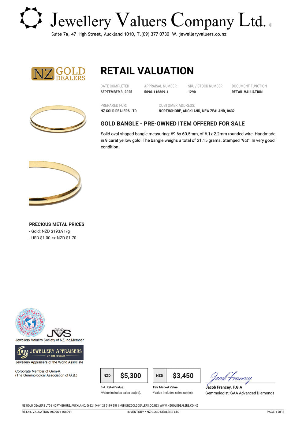 GOLD DEAL | 9ct (9K) Gold Refurbished Handmade Oval Bangle Valuation $5,300