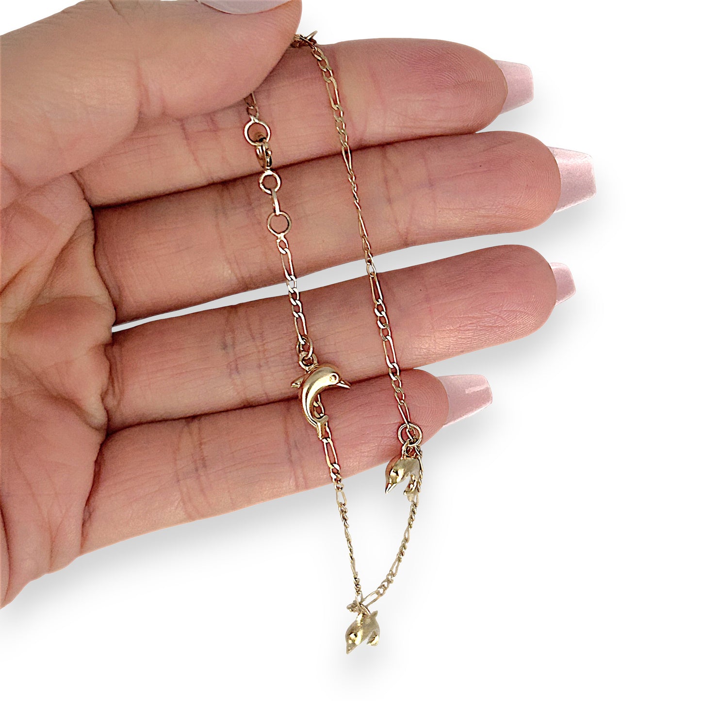 GOLD DEAL | 9ct (9K) Gold Ocean-Inspired Figaro Bracelet 20.5cm Dolphin Charms