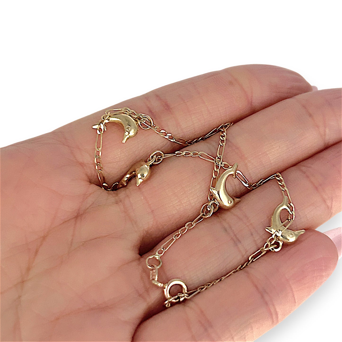 GOLD DEAL | 9ct (9K) Gold Ocean-Inspired Figaro Bracelet 20.5cm Dolphin Charms