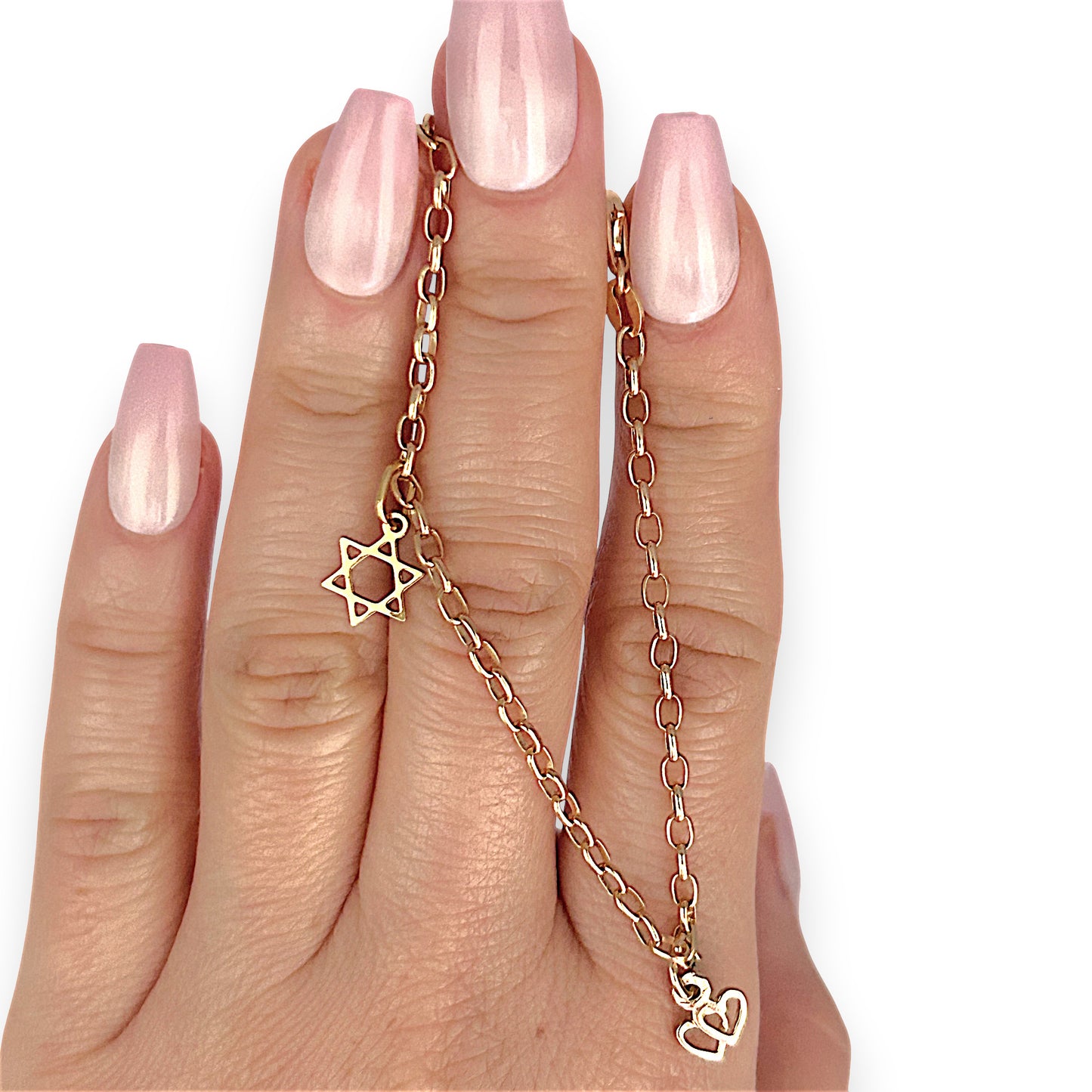 GOLD DEAL | 9ct (9K) MHJ Gold Belcher Bracelet 18cm Symbolic Charms Hearts & Star