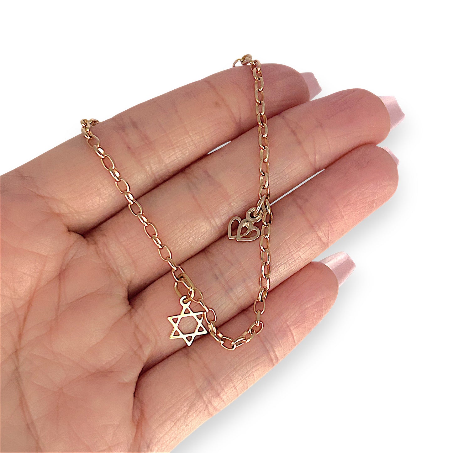 GOLD DEAL | 9ct (9K) MHJ Gold Belcher Bracelet 18cm Symbolic Charms Hearts & Star