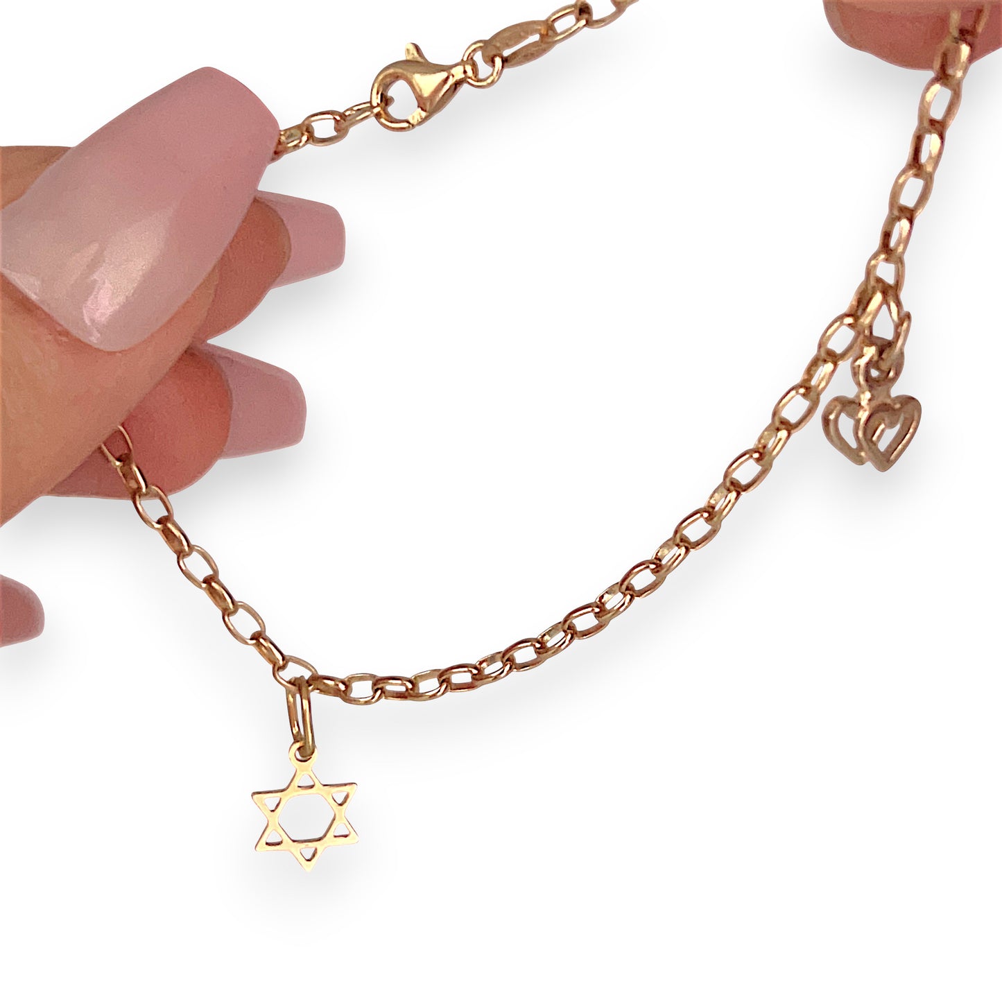 GOLD DEAL | 9ct (9K) MHJ Gold Belcher Bracelet 18cm Symbolic Charms Hearts & Star