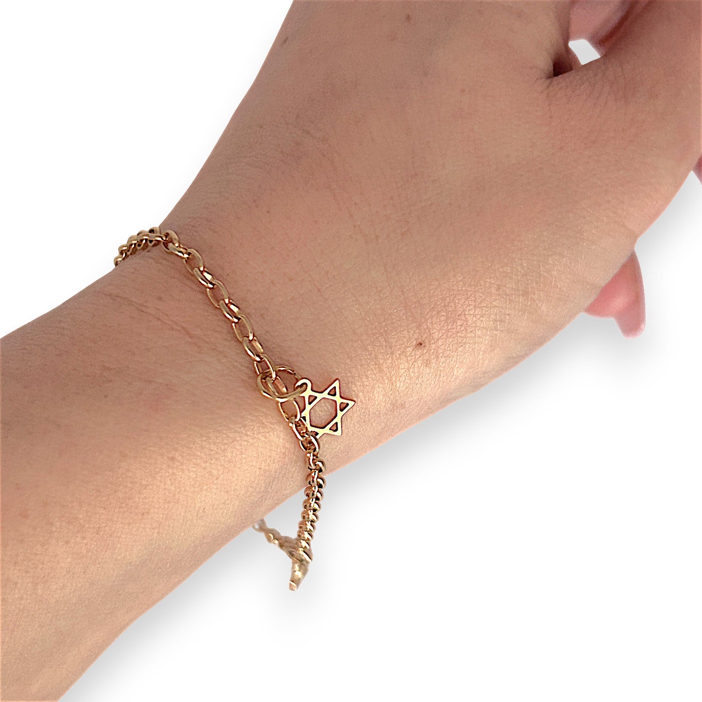 GOLD DEAL | 9ct (9K) MHJ Gold Belcher Bracelet 18cm Symbolic Charms Hearts & Star