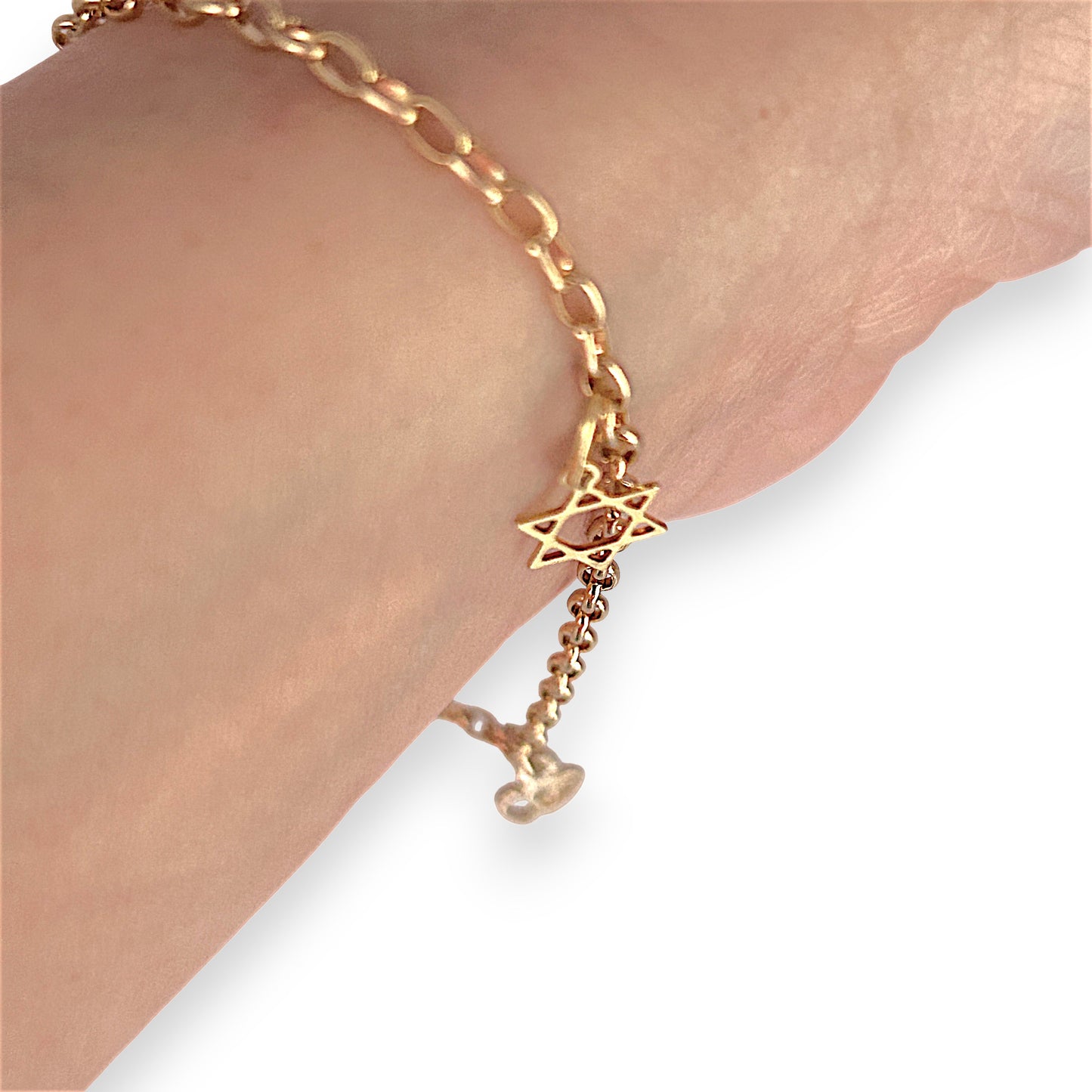 GOLD DEAL | 9ct (9K) MHJ Gold Belcher Bracelet 18cm Symbolic Charms Hearts & Star