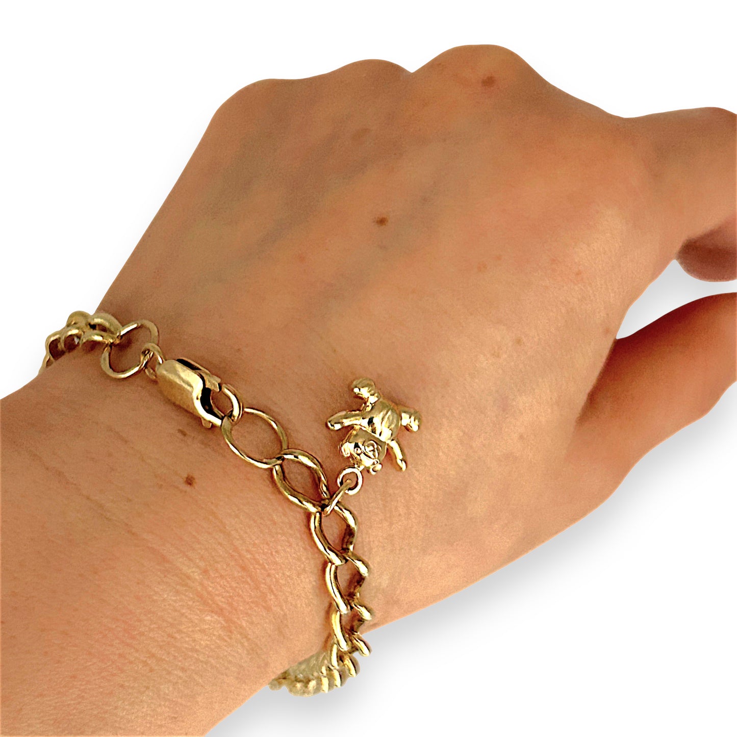 GOLD DEAL | 9ct (9K) Gold Heart, Rose & Bear Motifs Refurbished Bracelet 21cm