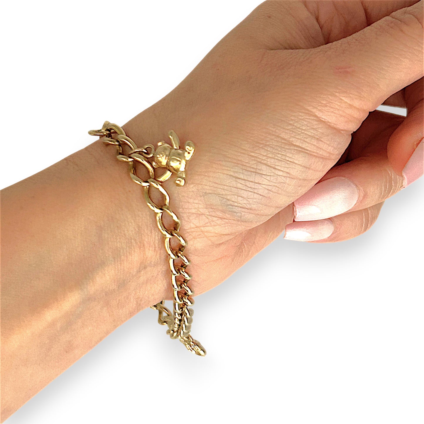 GOLD DEAL | 9ct (9K) Gold Heart, Rose & Bear Motifs Refurbished Bracelet 21cm