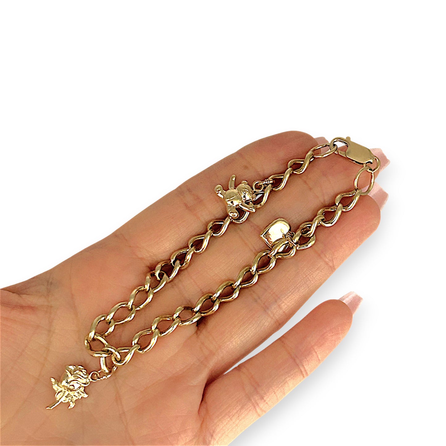 GOLD DEAL | 9ct (9K) Gold Heart, Rose & Bear Motifs Refurbished Bracelet 21cm