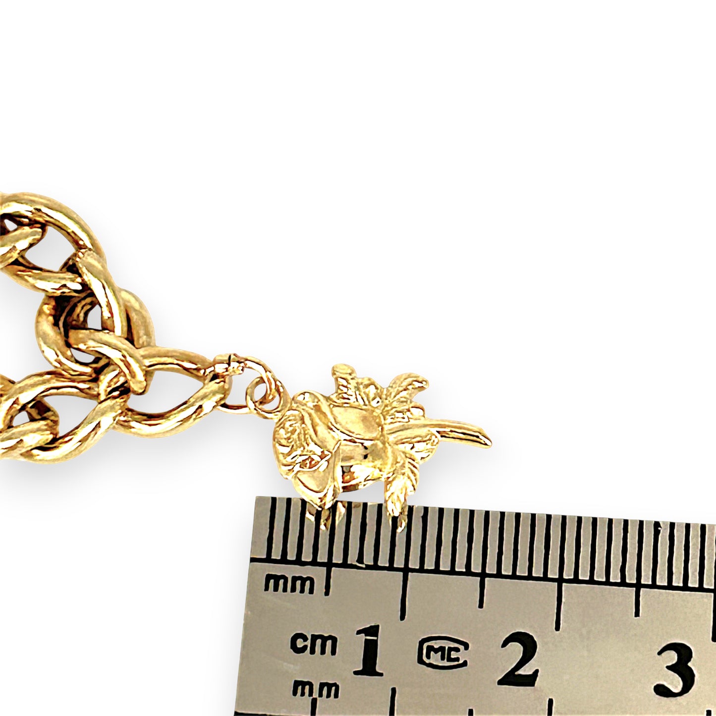 GOLD DEAL | 9ct (9K) Gold Heart, Rose & Bear Motifs Refurbished Bracelet 21cm