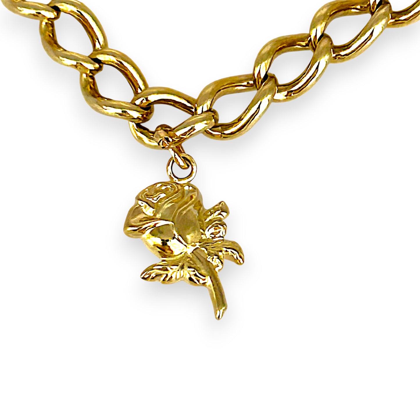 GOLD DEAL | 9ct (9K) Gold Heart, Rose & Bear Motifs Refurbished Bracelet 21cm