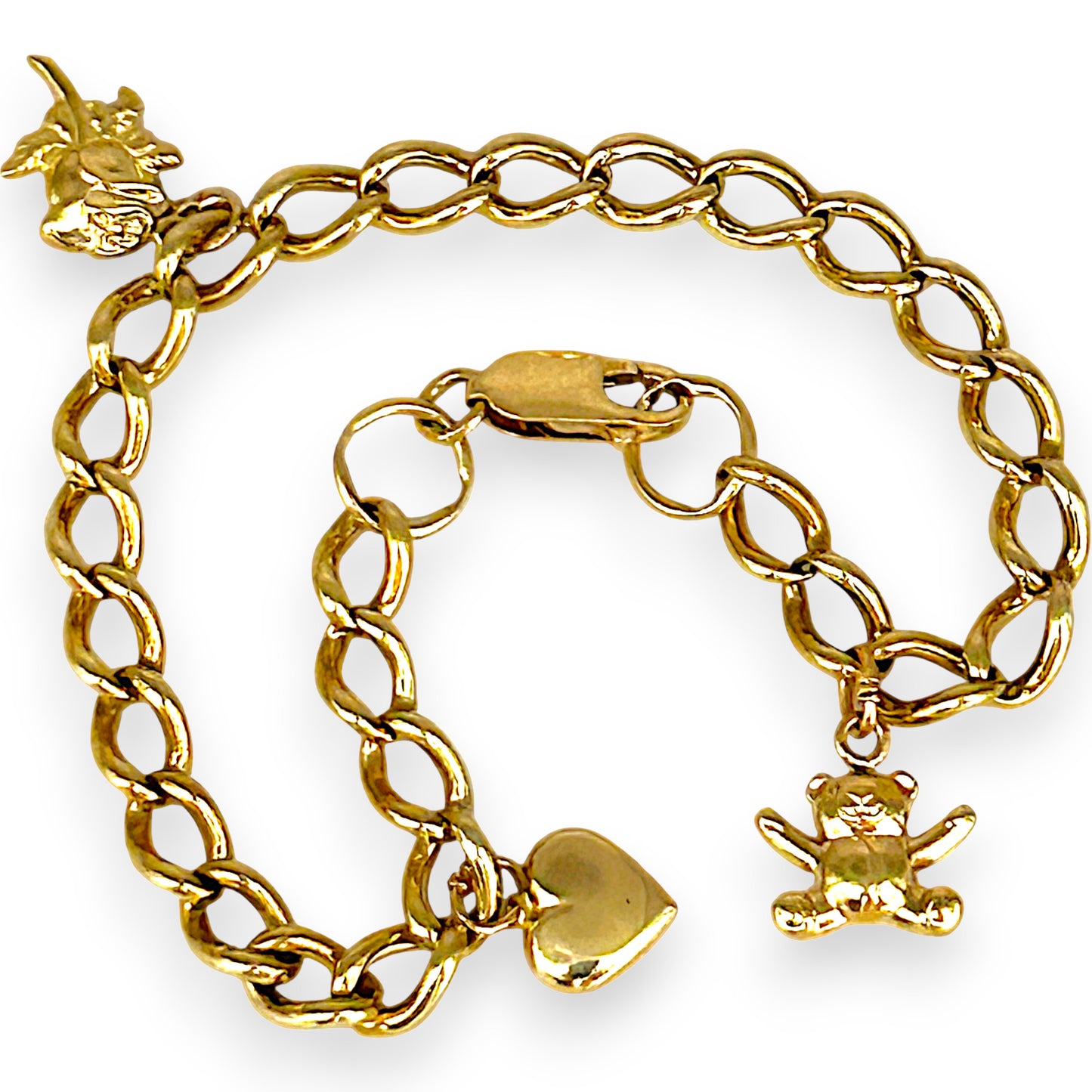 GOLD DEAL | 9ct (9K) Gold Heart, Rose & Bear Motifs Refurbished Bracelet 21cm
