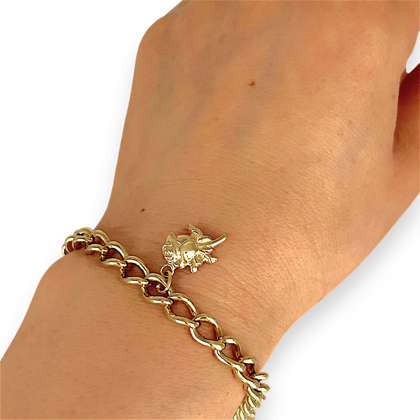GOLD DEAL | 9ct (9K) Gold Heart, Rose & Bear Motifs Refurbished Bracelet 21cm