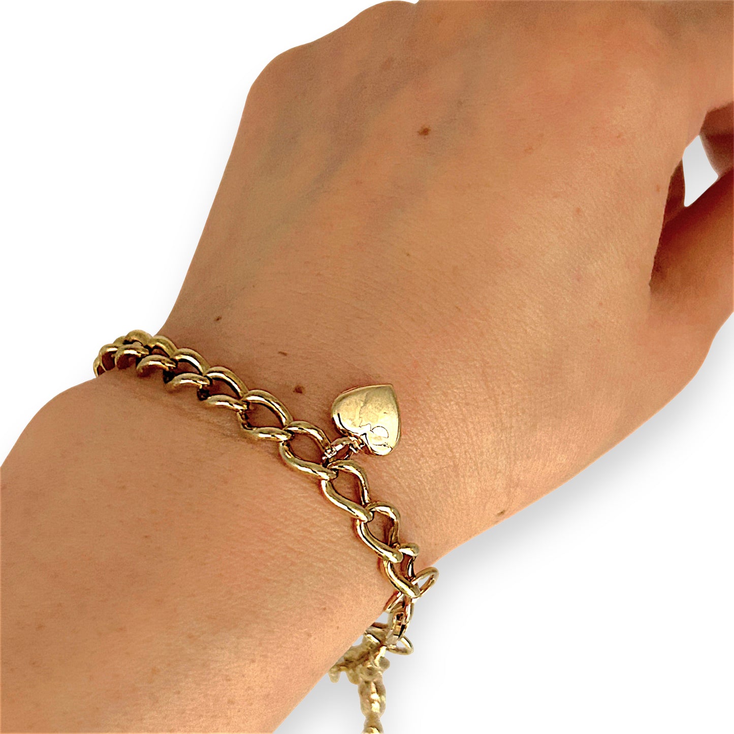 GOLD DEAL | 9ct (9K) Gold Heart, Rose & Bear Motifs Refurbished Bracelet 21cm