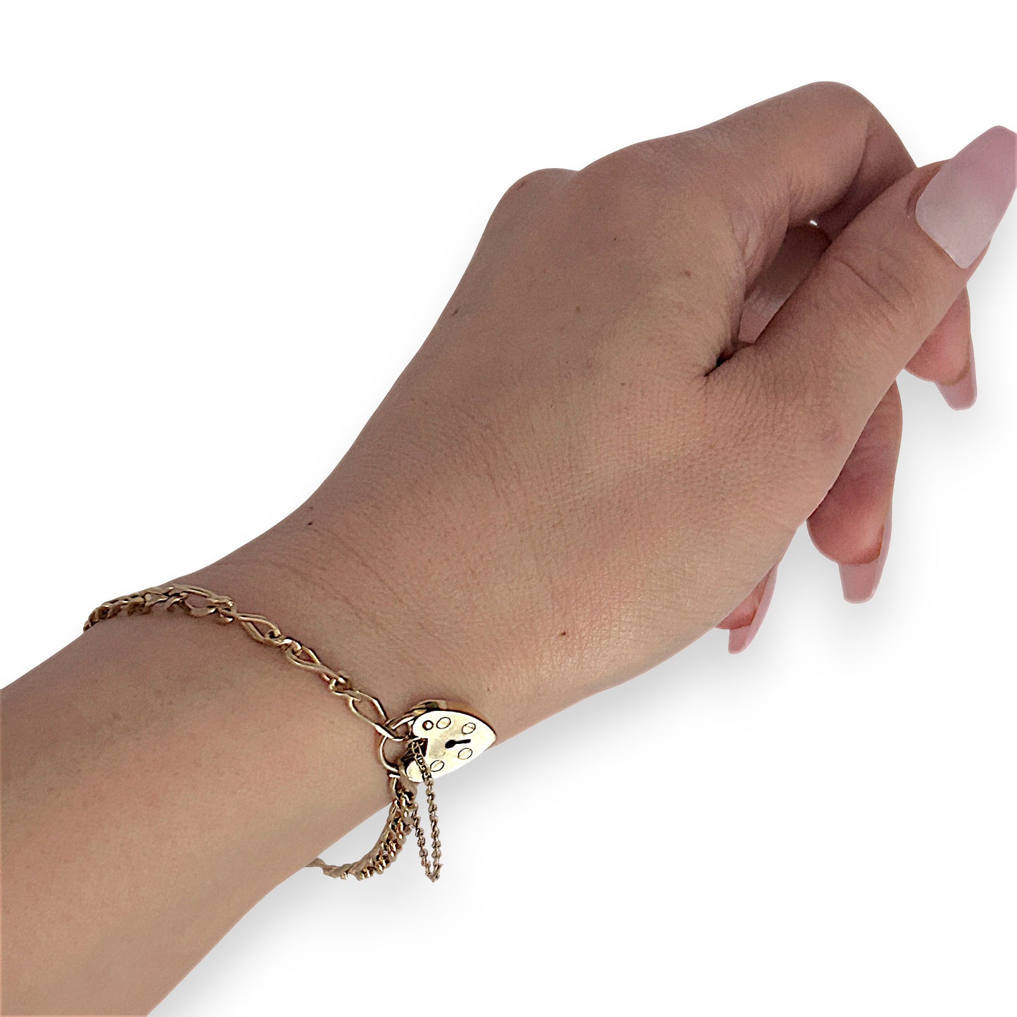 GOLD DEAL | 9ct (9K) Gold Sentimental Figaro Bracelet 18cm Padlock & Safety Chain