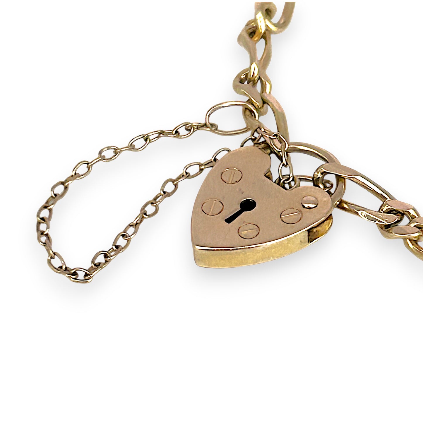 GOLD DEAL | 9ct (9K) Gold Sentimental Figaro Bracelet 18cm Padlock & Safety Chain