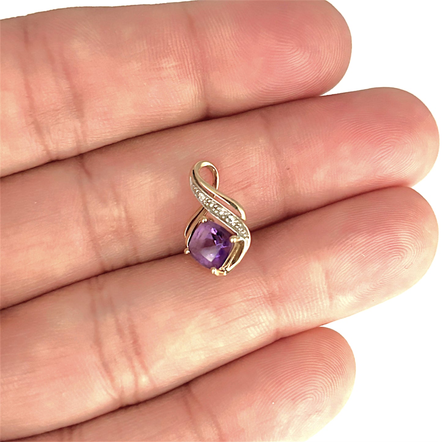 GOLD DEAL | 9ct (9K) Gold Cushion Cut Amethyst Embrace Diamond Pendant