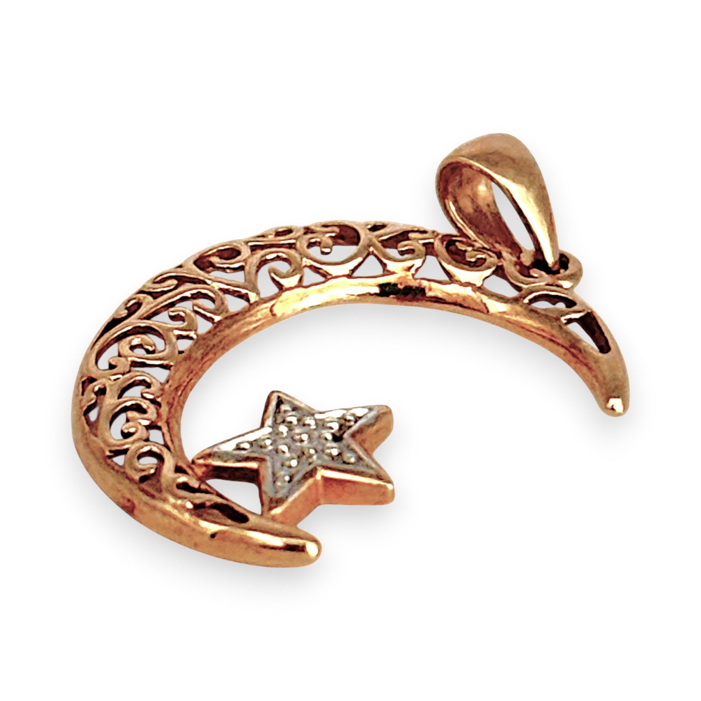 GOLD DEAL | 9ct (9K) Gold PROUNDS Filigree Moon with White Gold Star Pendant