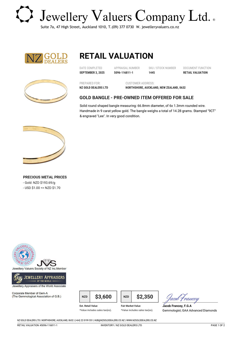 GOLD DEAL | 9ct (9K) Gold PROUNDS Radiant Bangle Valuation $3,600