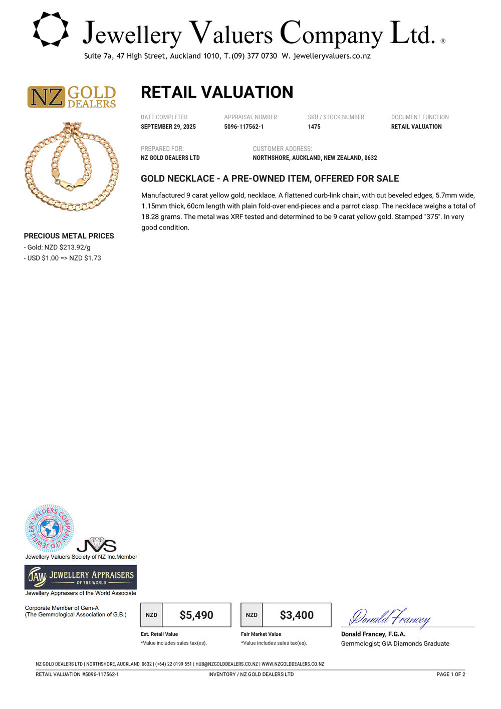 GOLD DEAL | 9ct (9K) Gold Beveled Edge Flattened Curb Link Chain 60cm Valuation $5,490