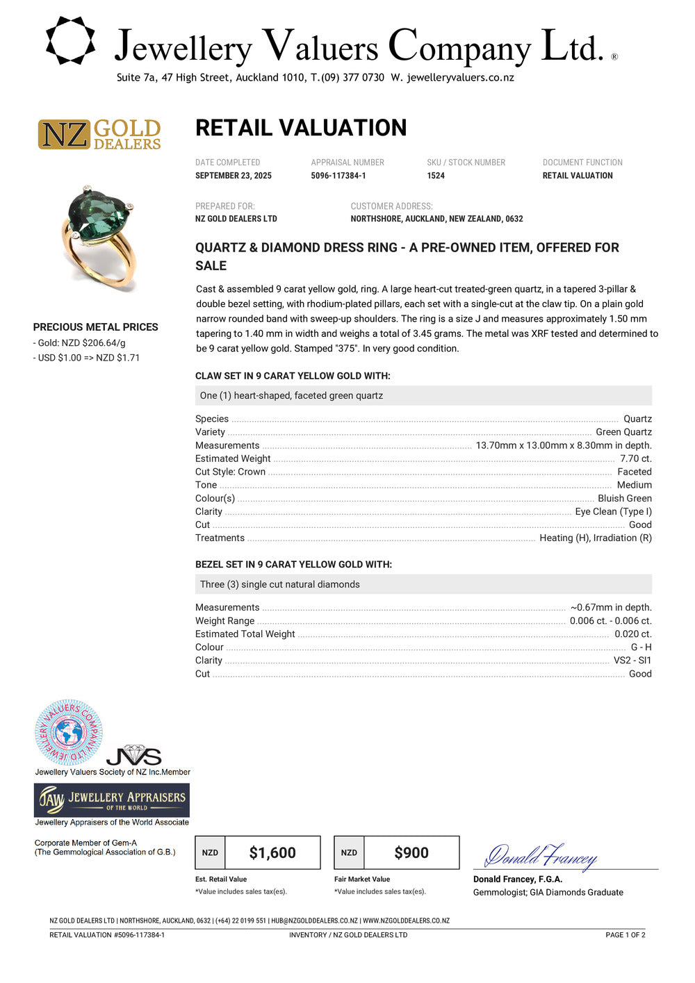 GOLD DEAL | 9ct (9K) Gold Heart of Verdant Fire 7.70ct Quartz Diamond Ring Valuation $1,600