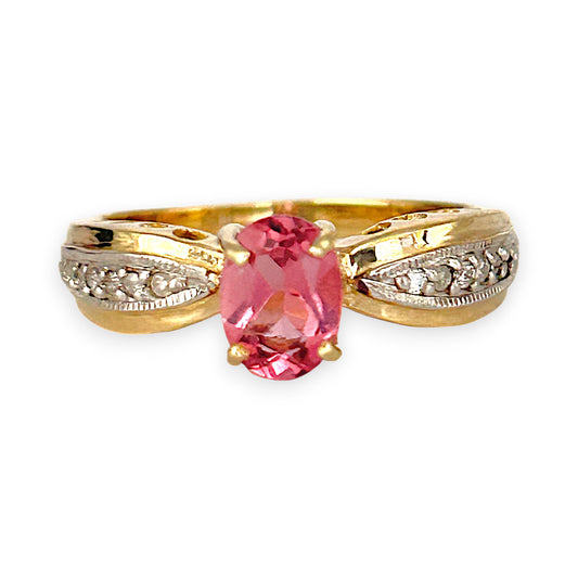 GOLD DEAL | 9ct (9K) Gold Pink Tourmaline & Diamond Dress Refurbished Ring Valuation $1,625