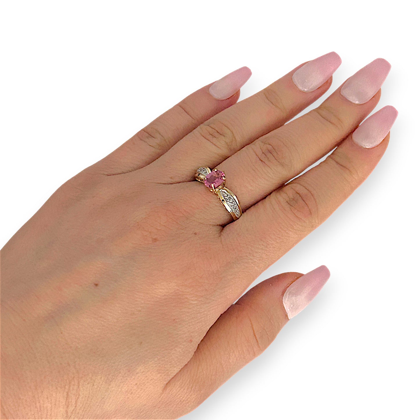 GOLD DEAL | 9ct (9K) Gold Pink Tourmaline & Diamond Dress Refurbished Ring Valuation $1,625