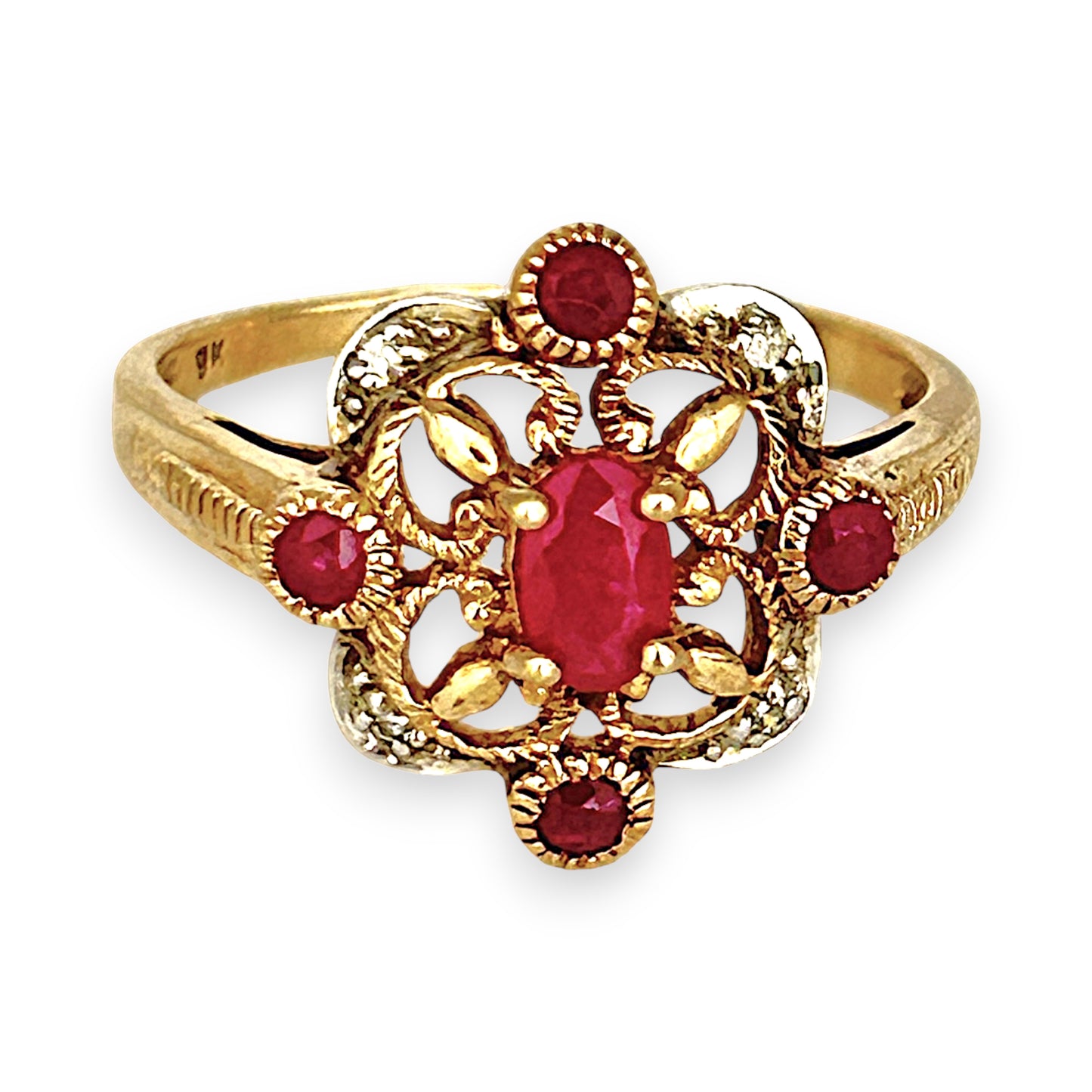 GOLD DEAL | 9ct Gold Ruby & Diamond-Kissed Filigre Ring