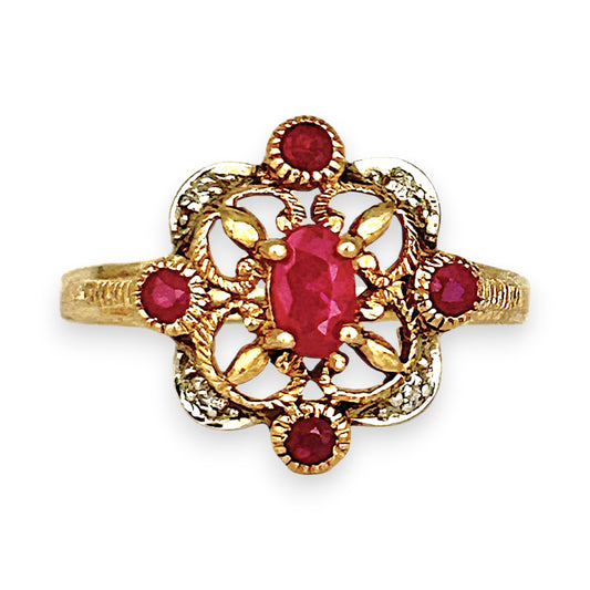 GOLD DEAL | 9ct Gold Ruby & Diamond-Kissed Filigre Ring