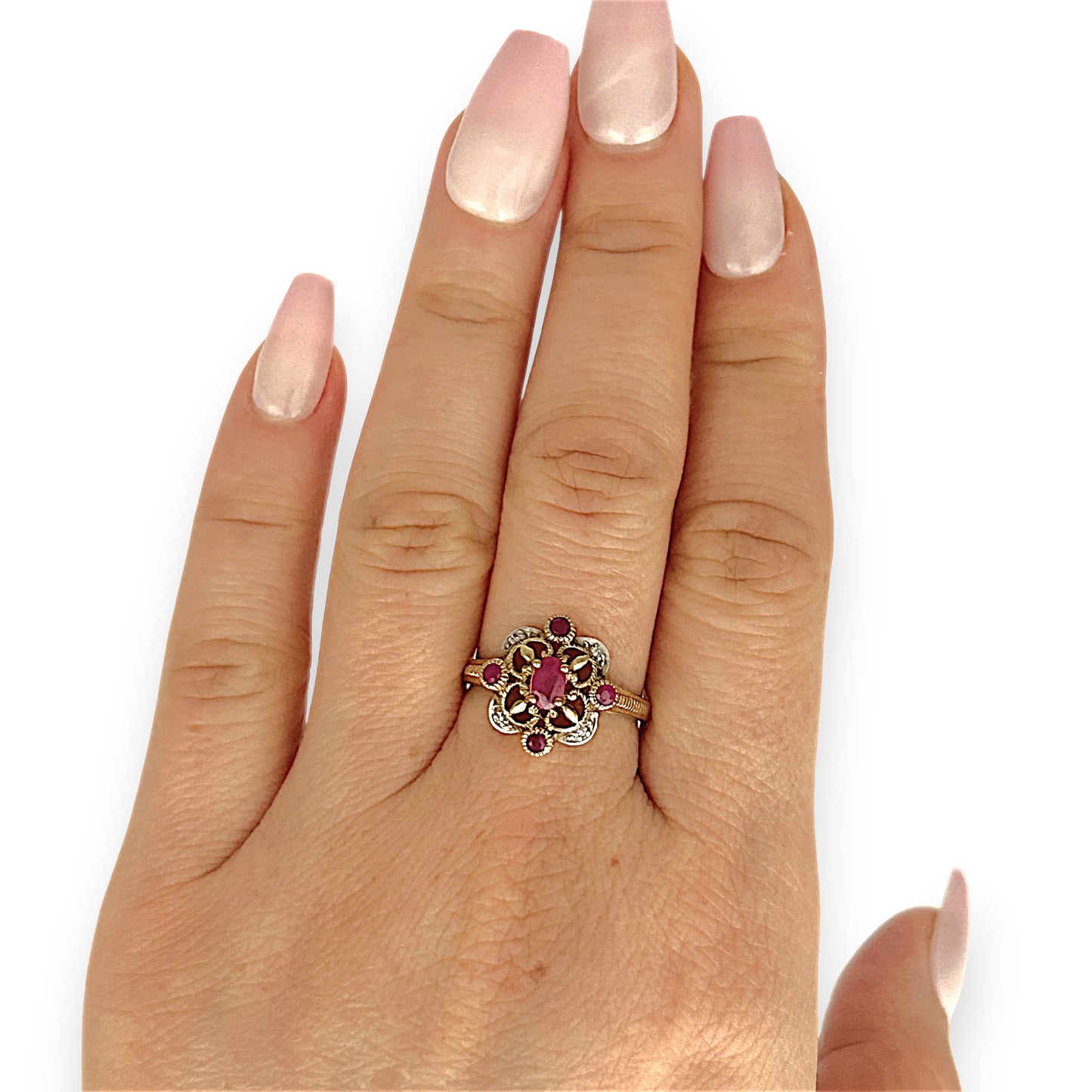 GOLD DEAL | 9ct Gold Ruby & Diamond-Kissed Filigre Ring