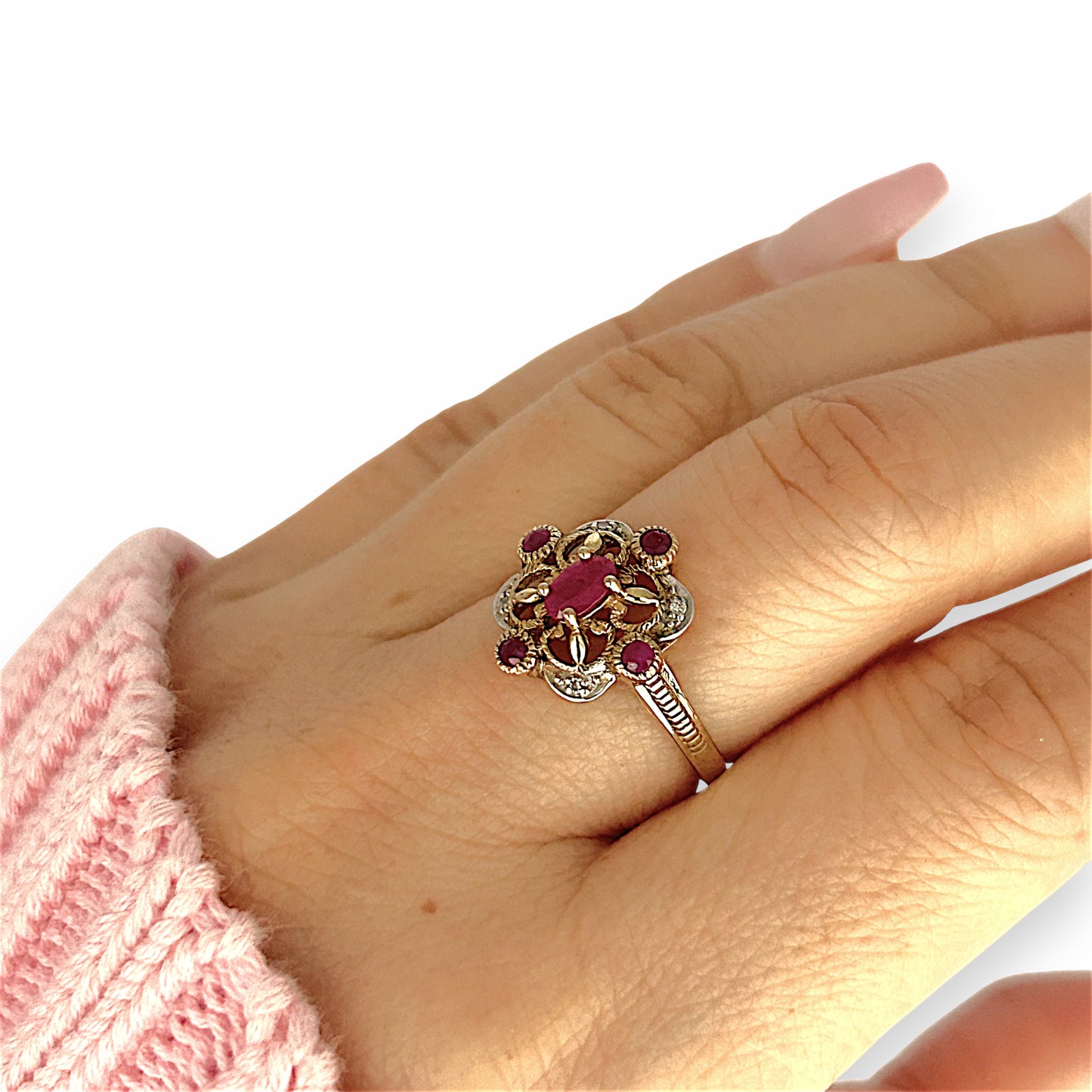 GOLD DEAL | 9ct Gold Ruby & Diamond-Kissed Filigre Ring