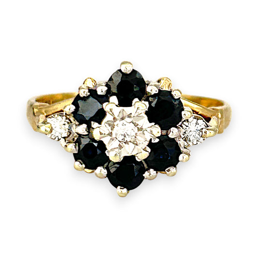 GOLD DEAL | 9ct (9K) Gold Sapphire & Diamond Floral Cluster Ring Valuation $1,600