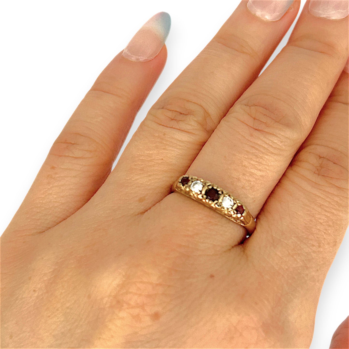 GOLD DEAL | 9ct Gold Garnet & CZ Five-Stone Ring - Symphony in Crimson