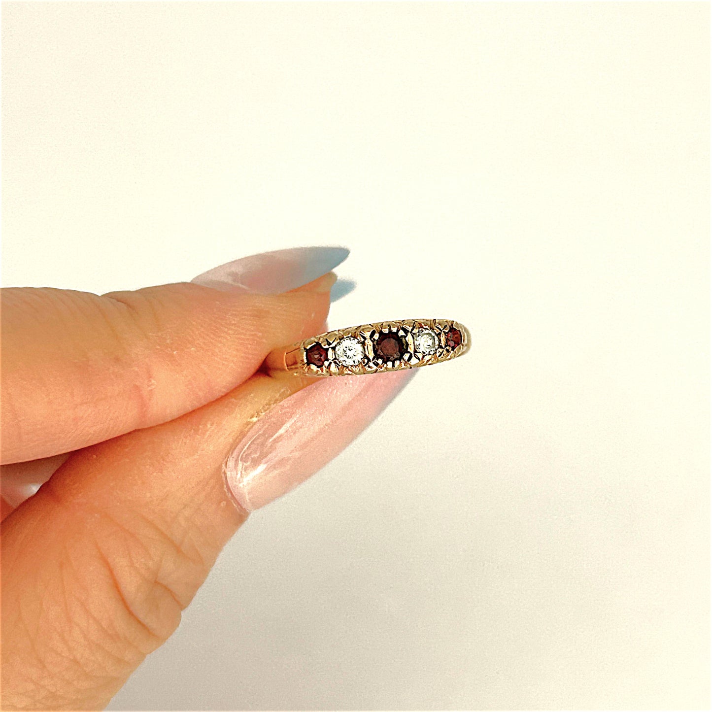 GOLD DEAL | 9ct Gold Garnet & CZ Five-Stone Ring - Symphony in Crimson