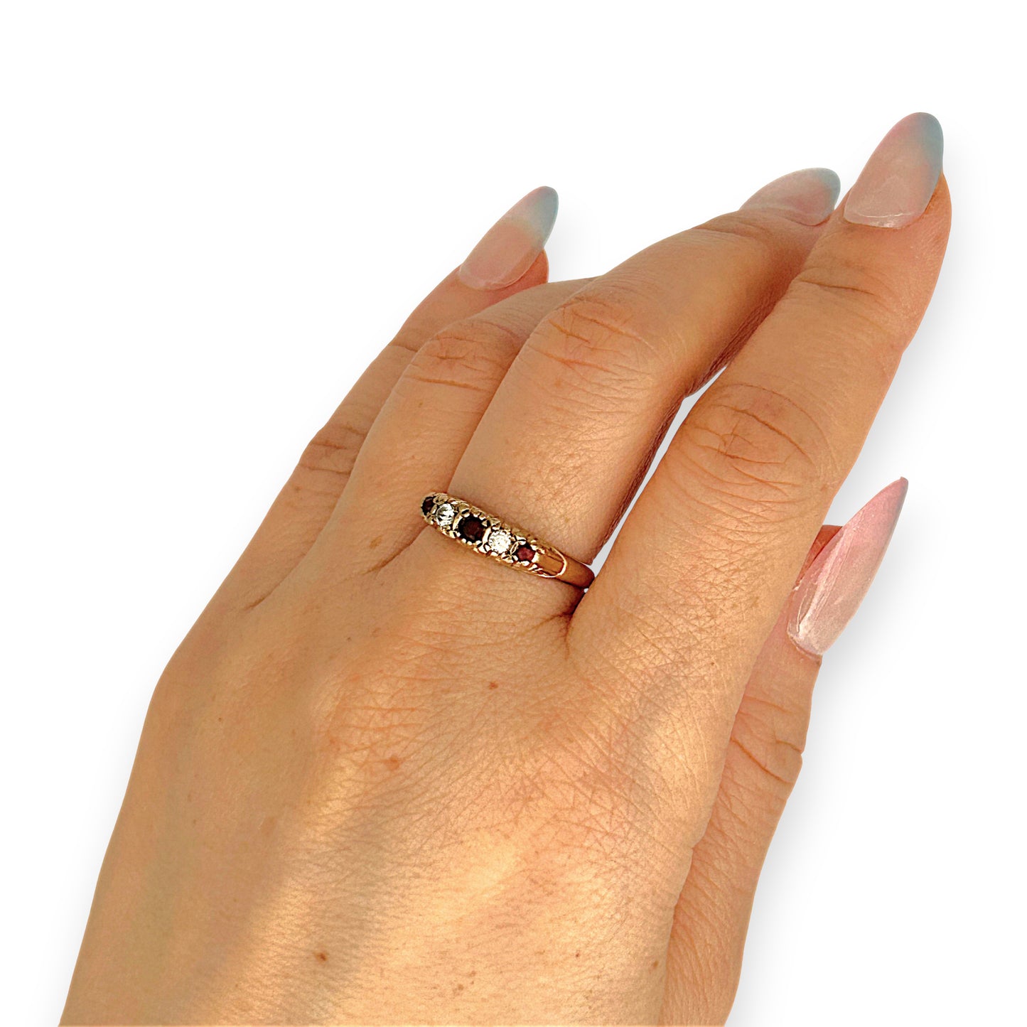 GOLD DEAL | 9ct Gold Garnet & CZ Five-Stone Ring - Symphony in Crimson