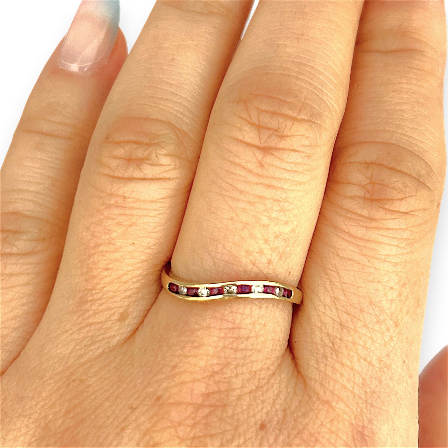 GOLD DEAL | 9ct Gold Ruby Wave Ring with Diamonds Size M