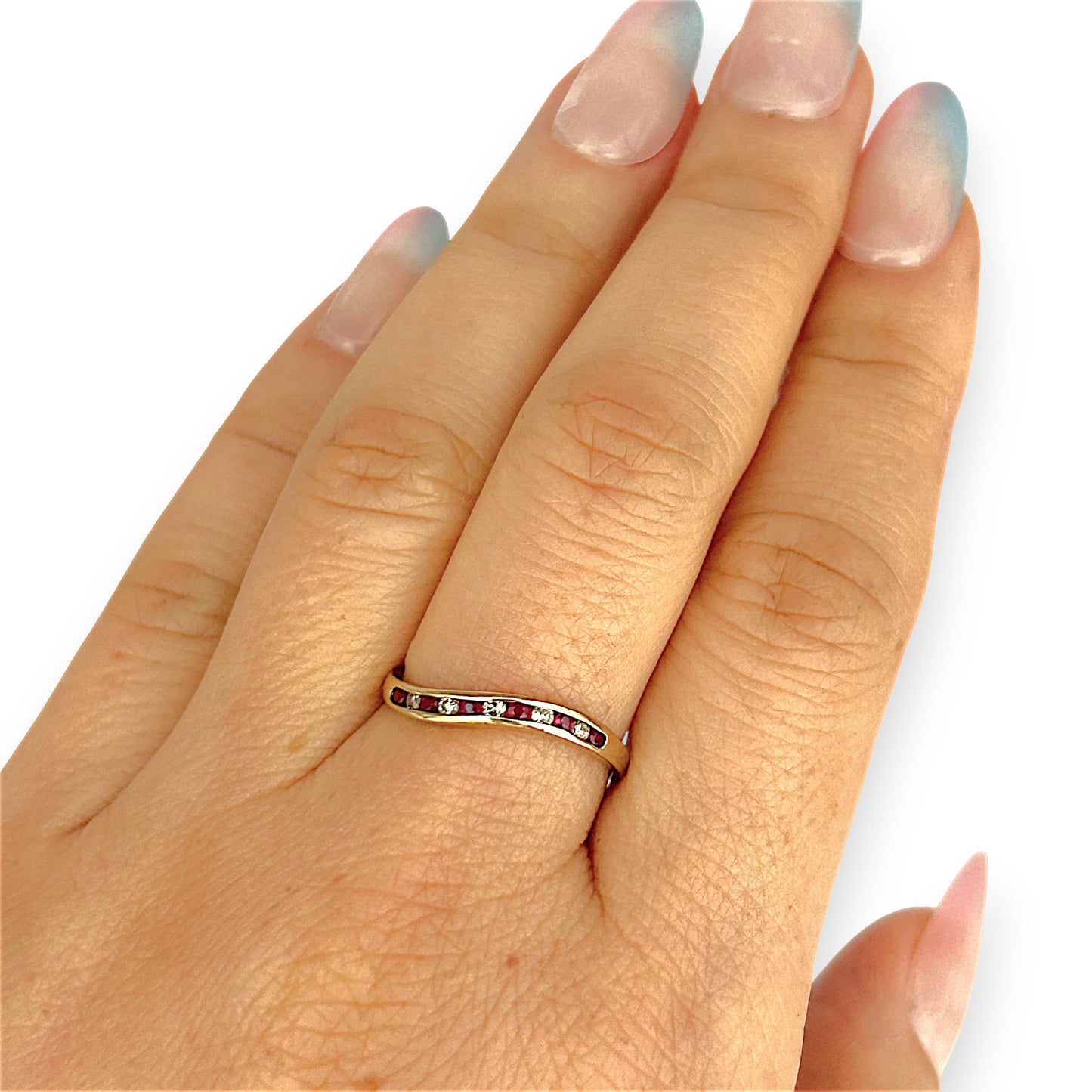 GOLD DEAL | 9ct Gold Ruby Wave Ring with Diamonds Size M
