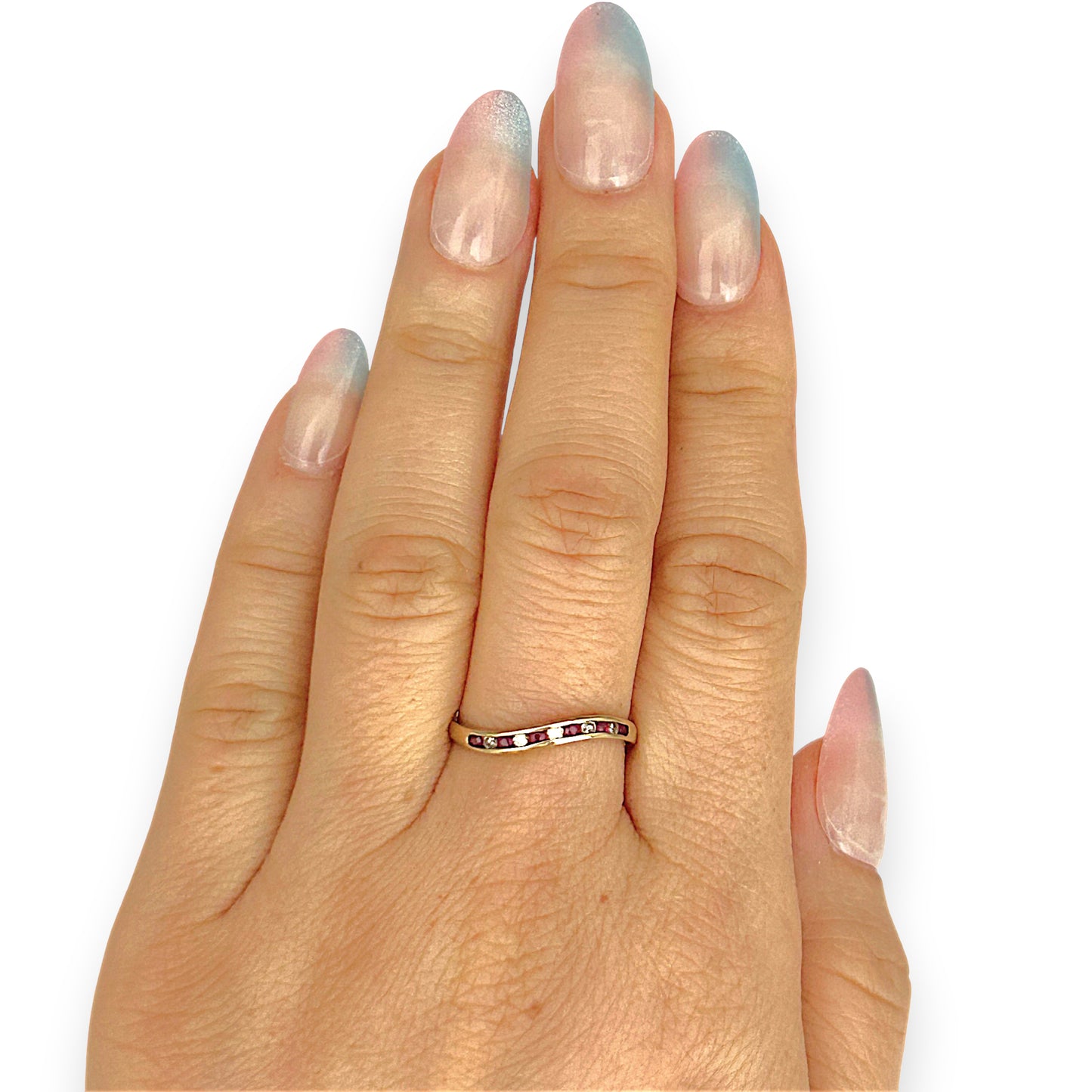 GOLD DEAL | 9ct Gold Ruby Wave Ring with Diamonds Size M