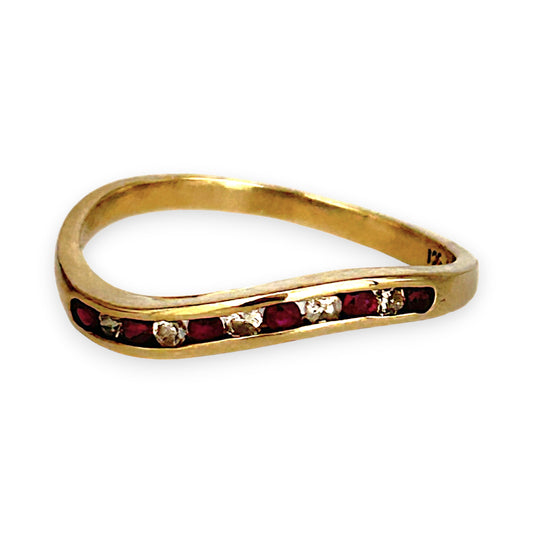 GOLD DEAL | 9ct Gold Ruby Wave Ring with Diamonds Size M