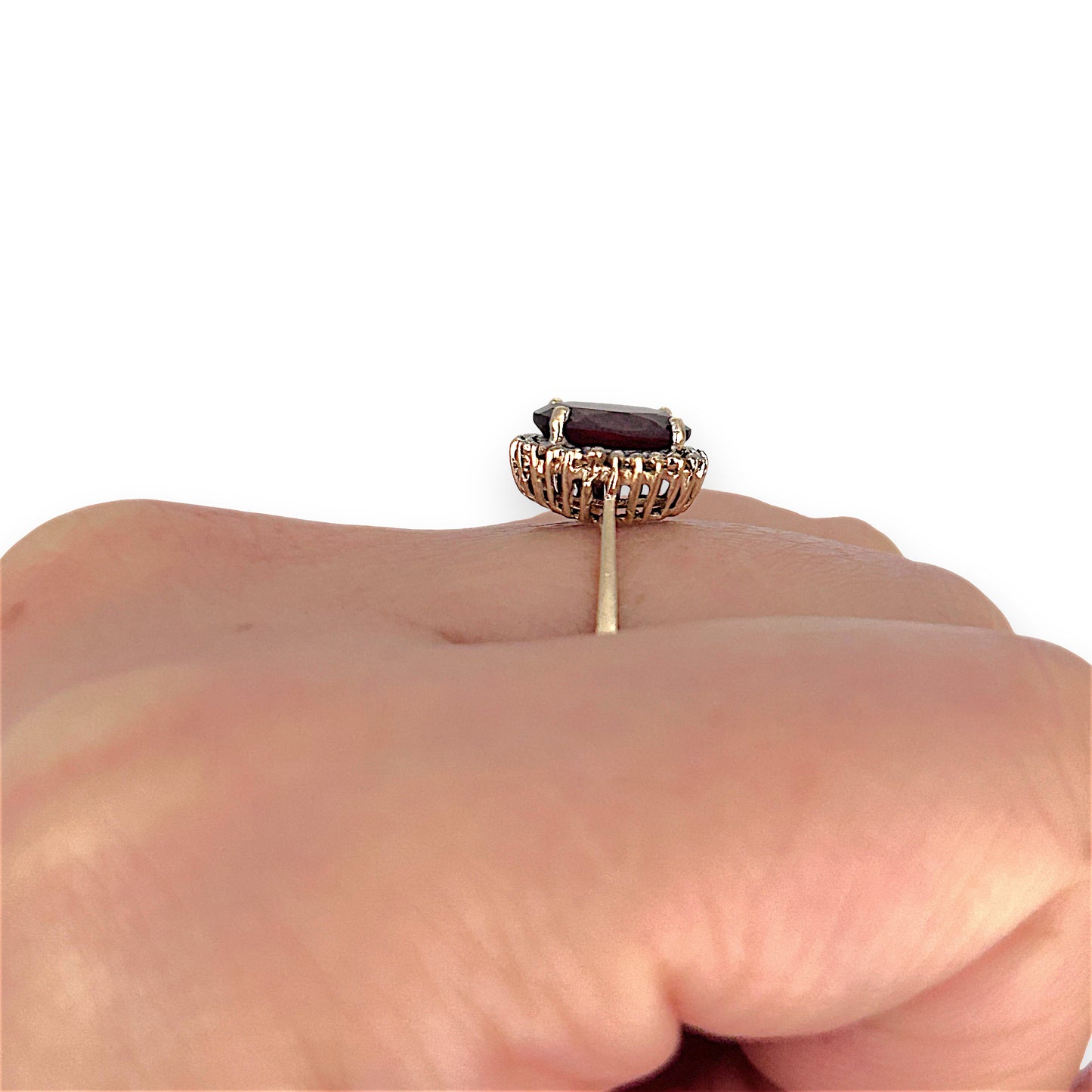 GOLD DEAL | 10ct (10K) Gold Ember Garnet & Diamond Halo Ring Size L 1/2