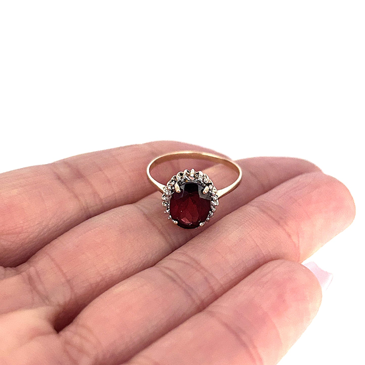 GOLD DEAL | 10ct (10K) Gold Ember Garnet & Diamond Halo Ring Size L 1/2